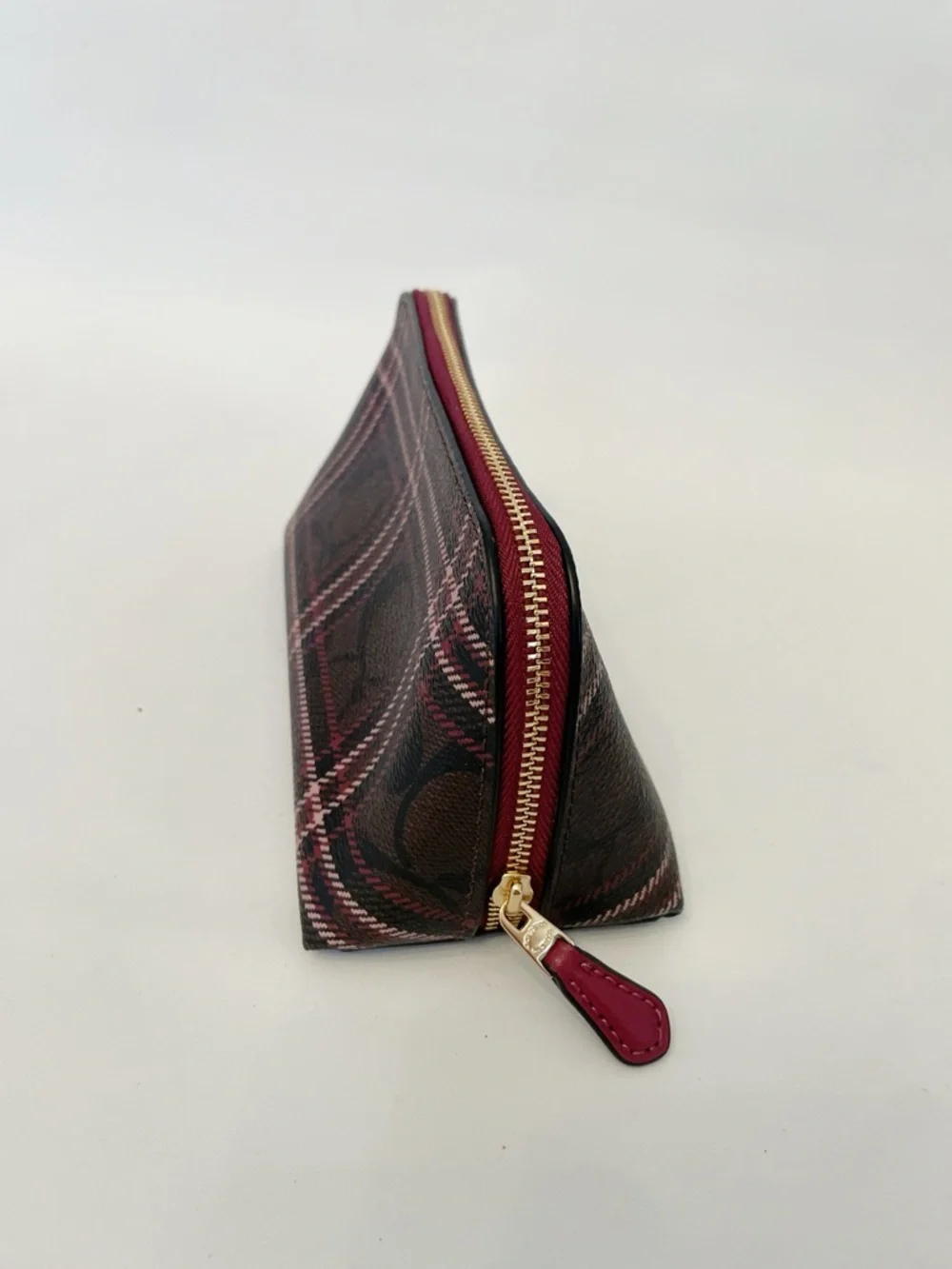 Coach Plaid Signature Cosmetic Bag Makeup Case Brown Pink NWOT - Picture 4 of 9